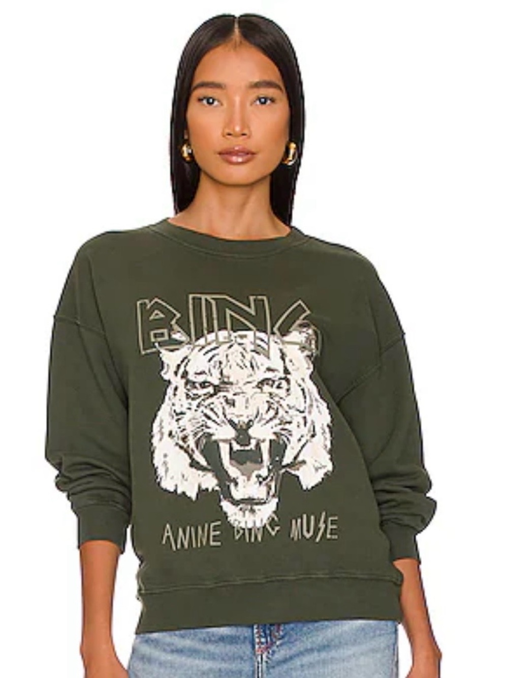 Anine Bing Tiger Crewneck Pullover Sweatshirt Forest Green Size Large